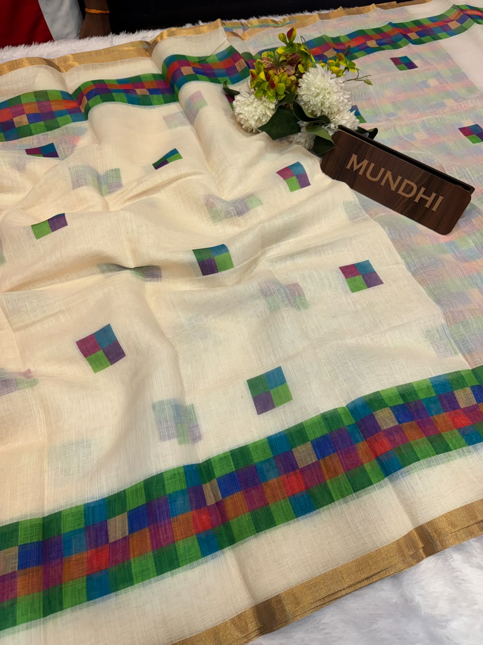 Madras  White Checks Fancy Cotton Saree | MCC36