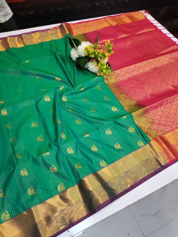 Artificial Naar Pattu Zari Saree with Contrast Blouse for Wedding Wear