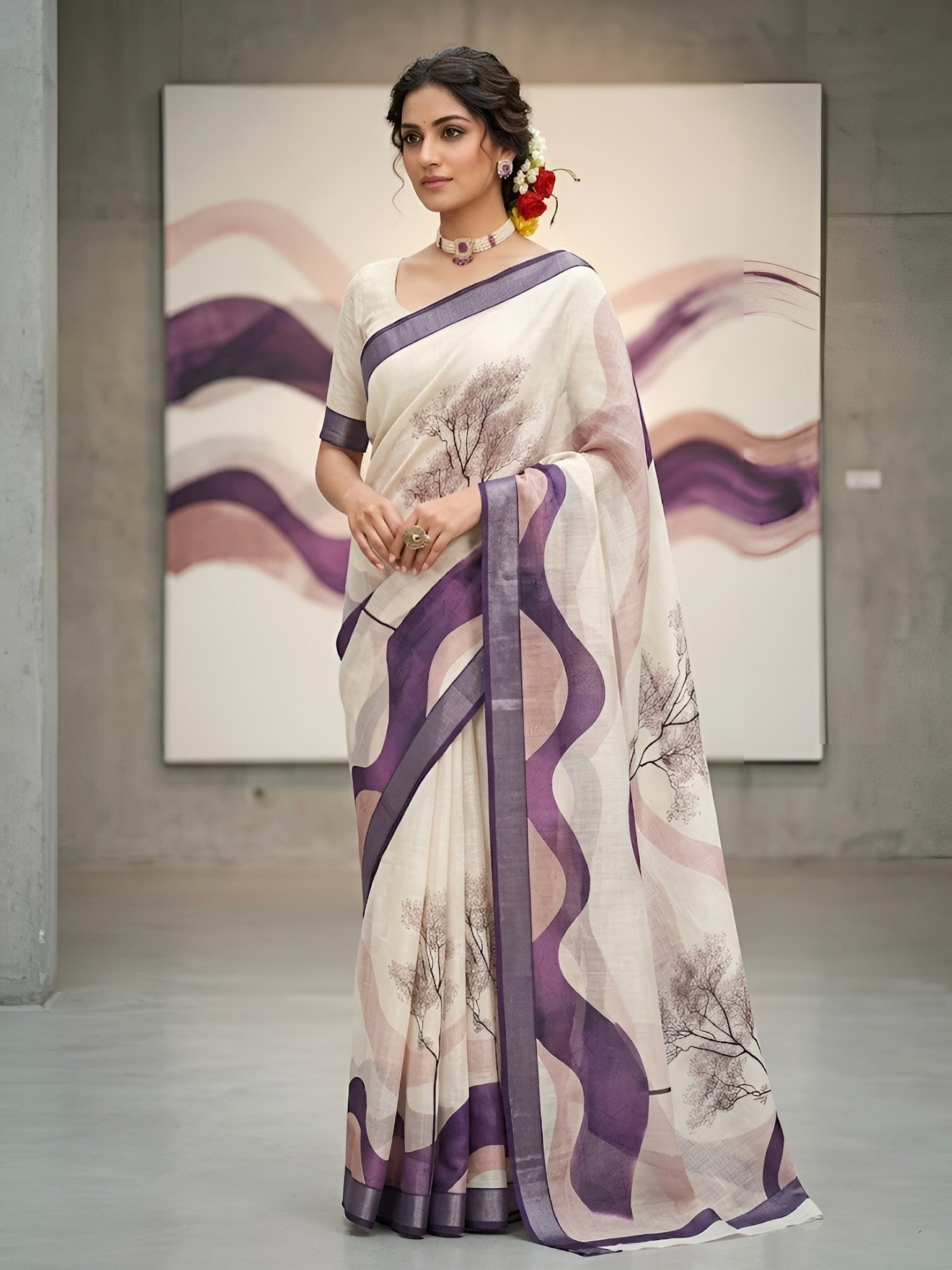 Bhiwandi Linen Saree for women in soft premium linen fabric with elegant traditional weaving suitable for office wear and festive occasions. Wearing Image View