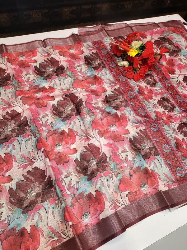 Bhiwandi Linen Saree for women in soft premium linen fabric with elegant traditional weaving suitable for office wear and festive occasions. Full Image View