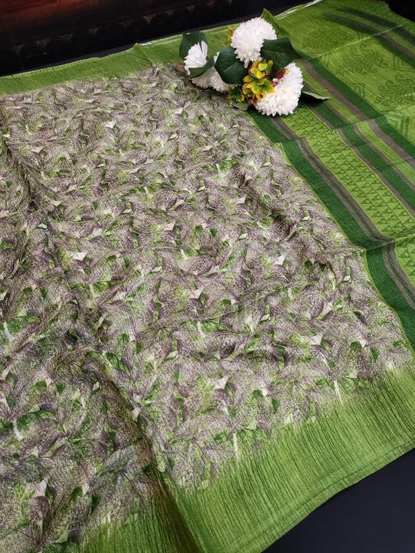 Green Leaf Jute Fancy Saree for Party Wear with Contrast Blouse
