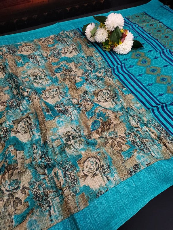Green Leaf Jute Fancy Saree for Party Wear with Contrast Blouse