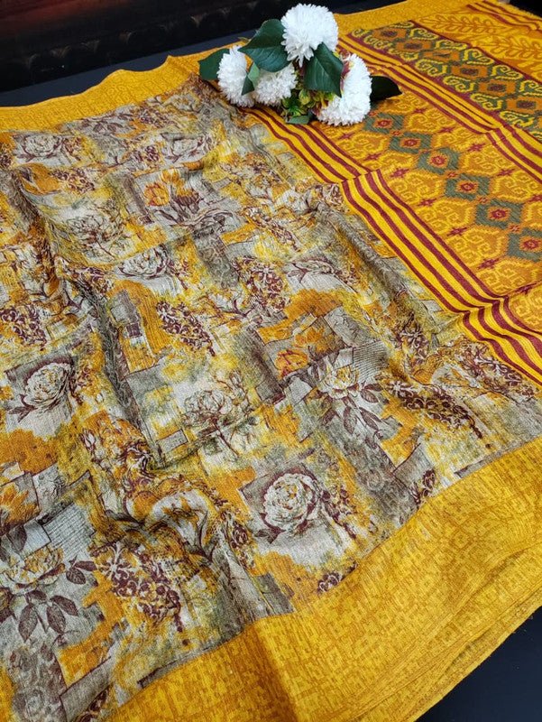 Green Leaf Jute Fancy Saree for Party Wear with Contrast Blouse
