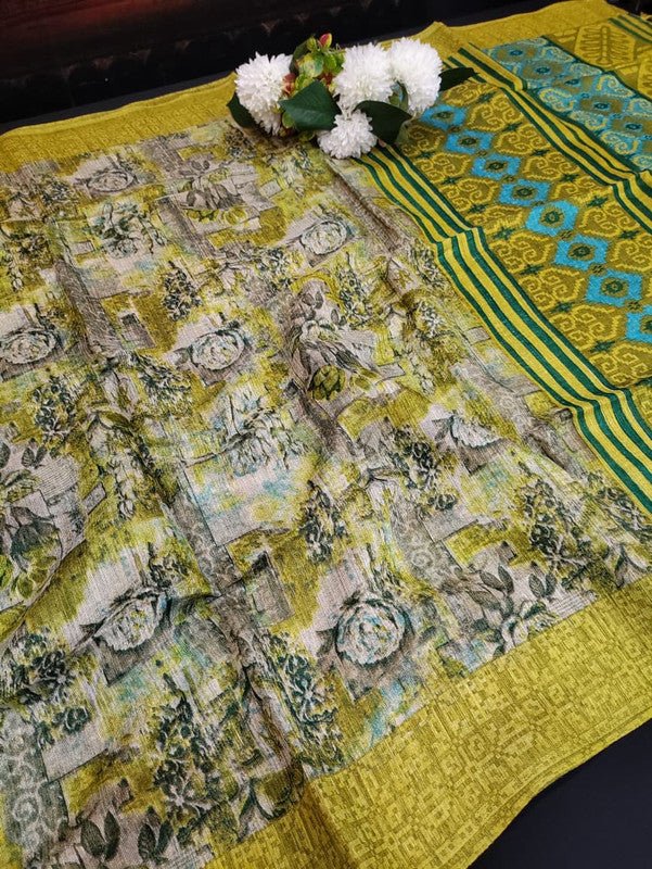 Green Leaf Jute Fancy Saree for Party Wear with Contrast Blouse
