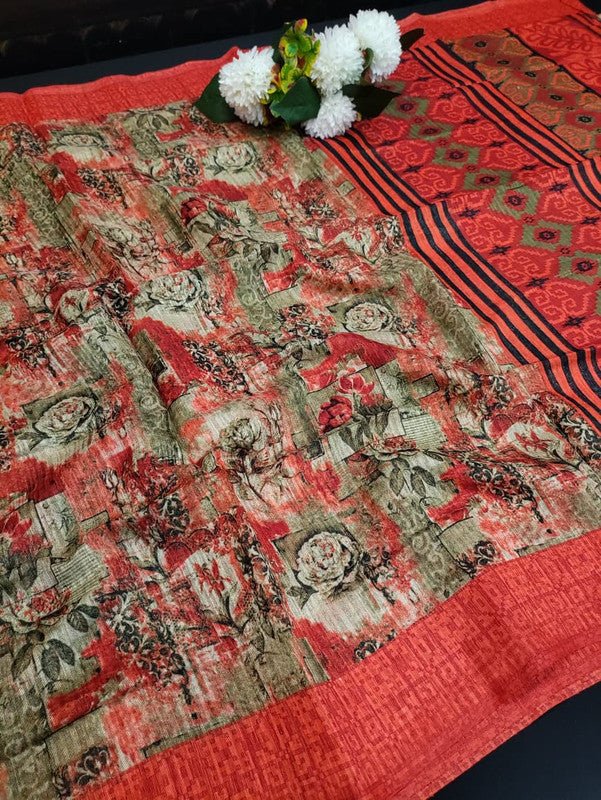 Green Leaf Jute Fancy Saree for Party Wear with Contrast Blouse
