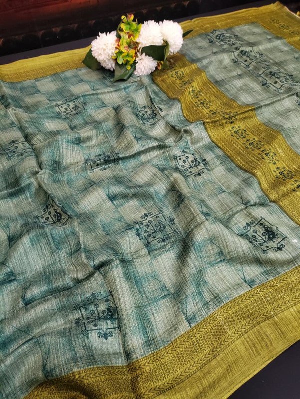 Green Leaf Jute Fancy Saree for Party Wear with Contrast Blouse