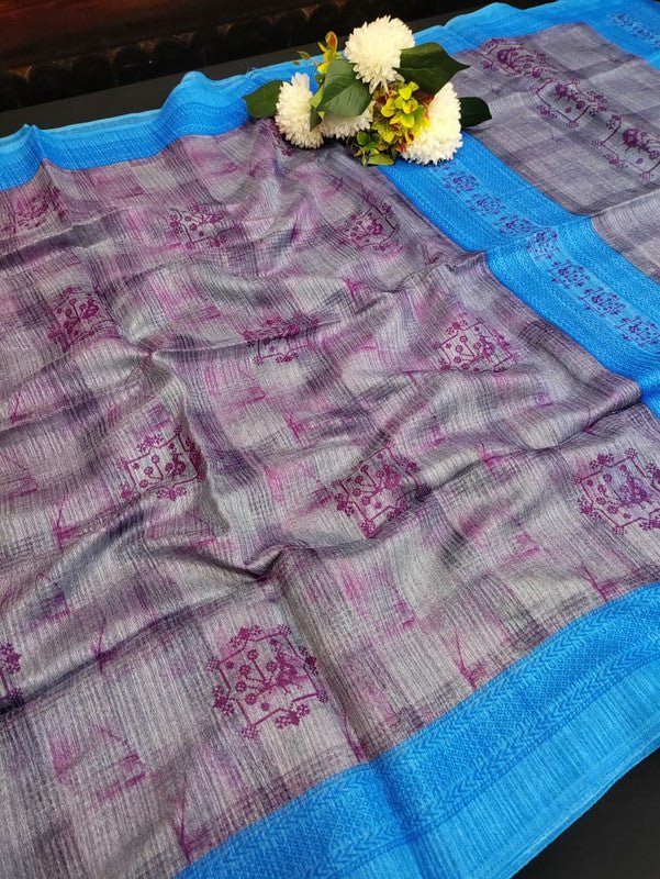 Green Leaf Jute Fancy Saree for Party Wear with Contrast Blouse