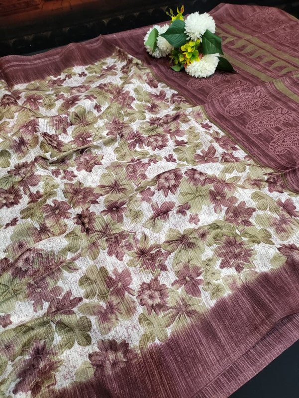 Green Leaf Jute Fancy Saree for Party Wear with Contrast Blouse