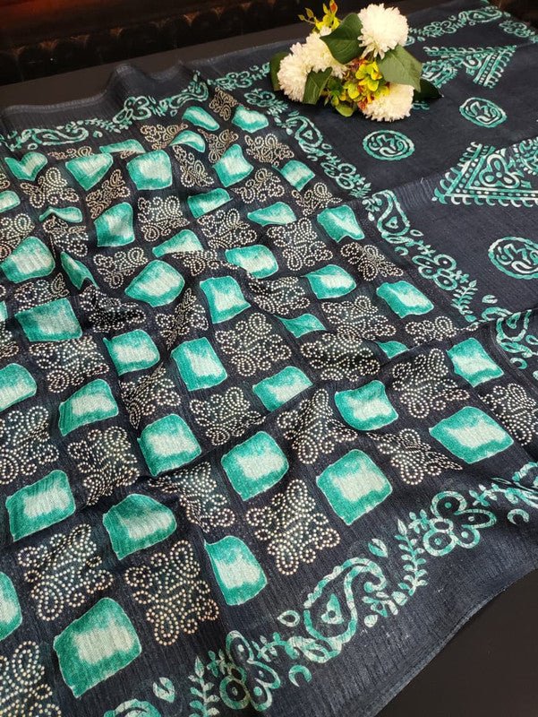 Green Leaf Jute Fancy Saree for Party Wear with Contrast Blouse