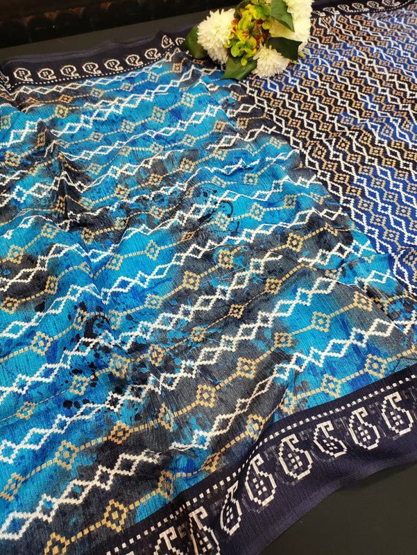 Green Leaf Jute Fancy Saree for Party Wear with Contrast Blouse