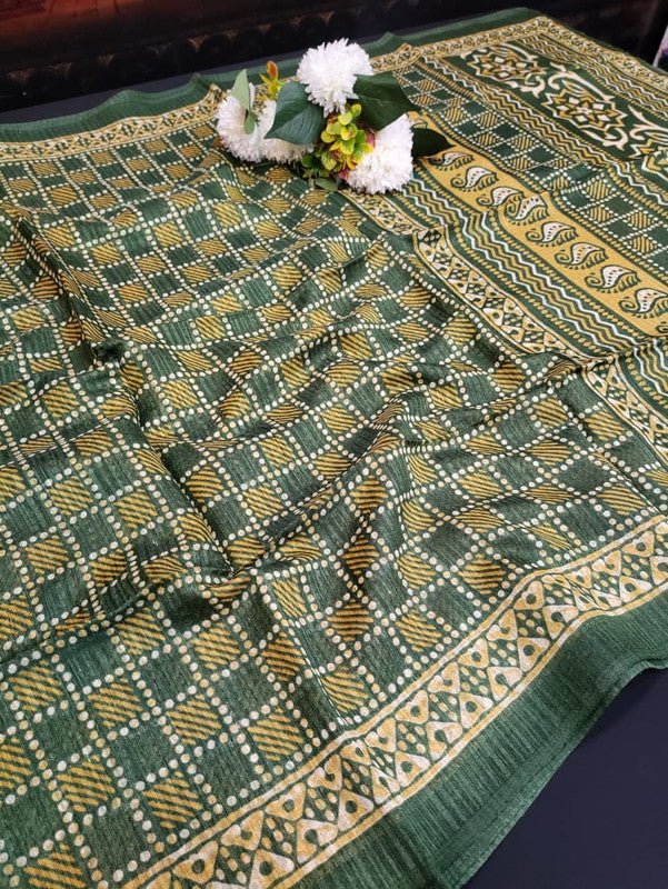 Green Leaf Jute Fancy Saree for Party Wear with Contrast Blouse