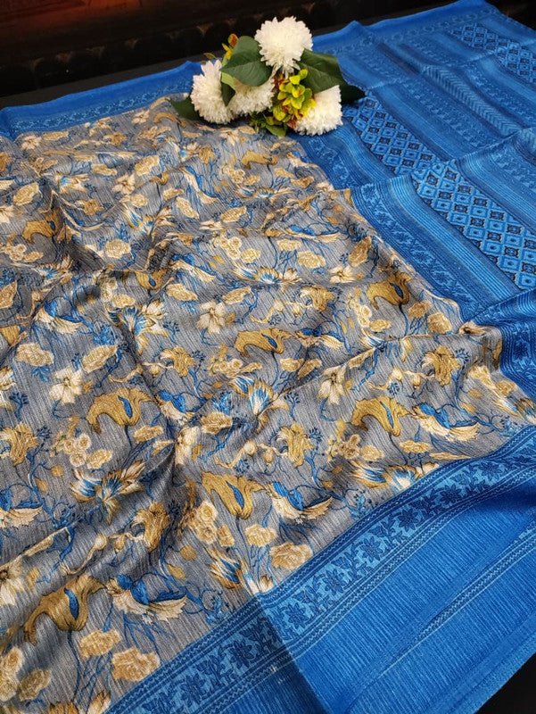 Green Leaf Jute Fancy Saree for Party Wear with Contrast Blouse
