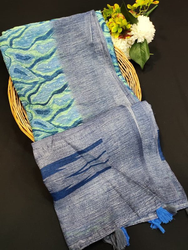 Green Leaf Jute Fancy Saree for Party Wear with Contrast Blouse