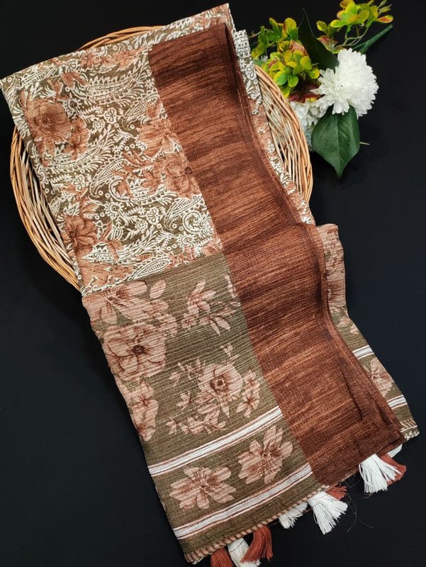 Green Leaf Jute Fancy Saree for Party Wear with Contrast Blouse
