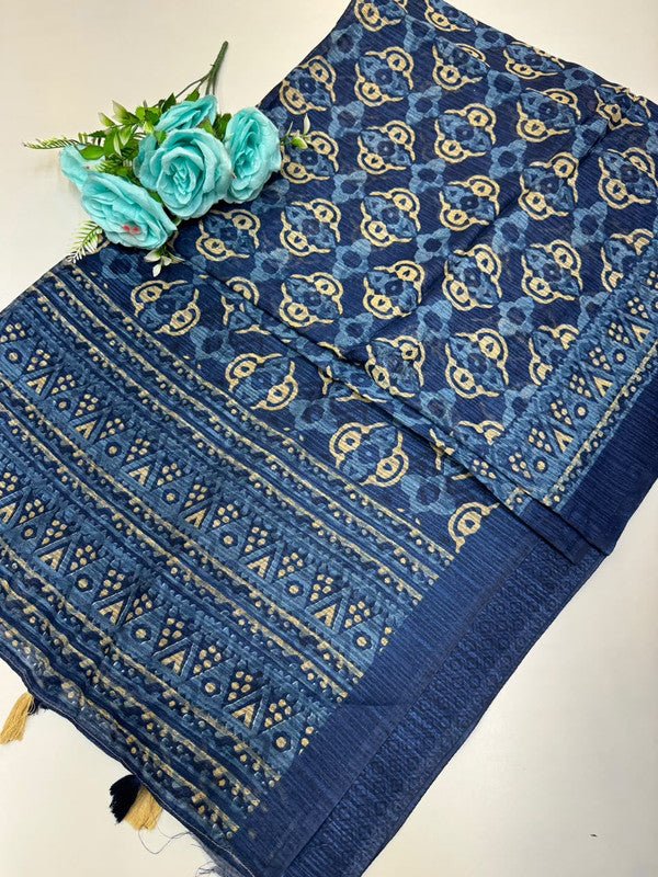 Green Leaf Jute Fancy Saree for Party Wear with Contrast Blouse