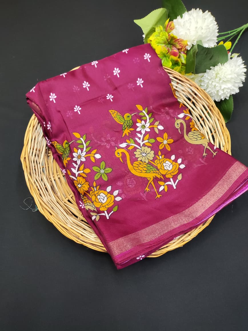 Mal Cotton Saree with small zari border and printed design for festive wear