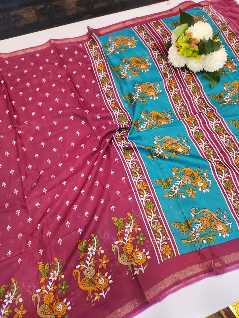 Premium Mal Cotton Saree for women with elegant printed work and running blouse