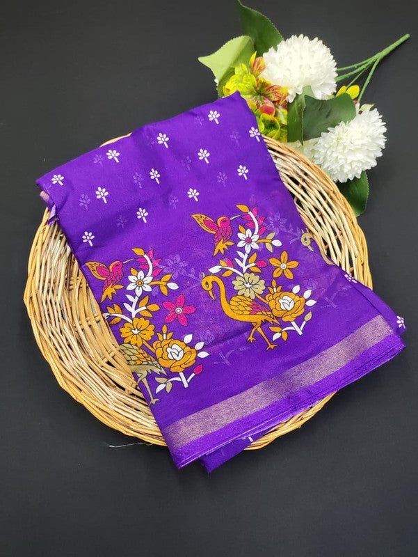 Mal Cotton Saree with small zari border and printed design for festive wear