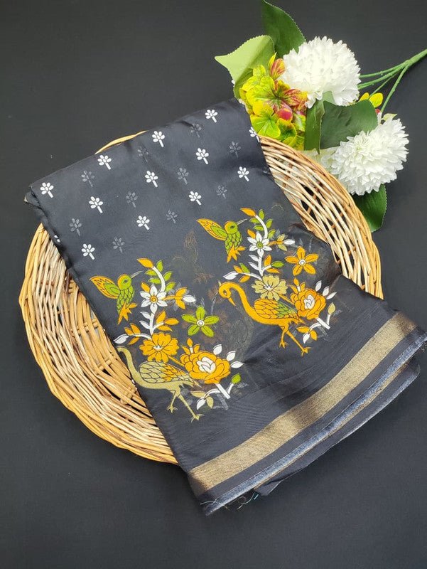 Mal Cotton Saree with small zari border and printed design for festive wear