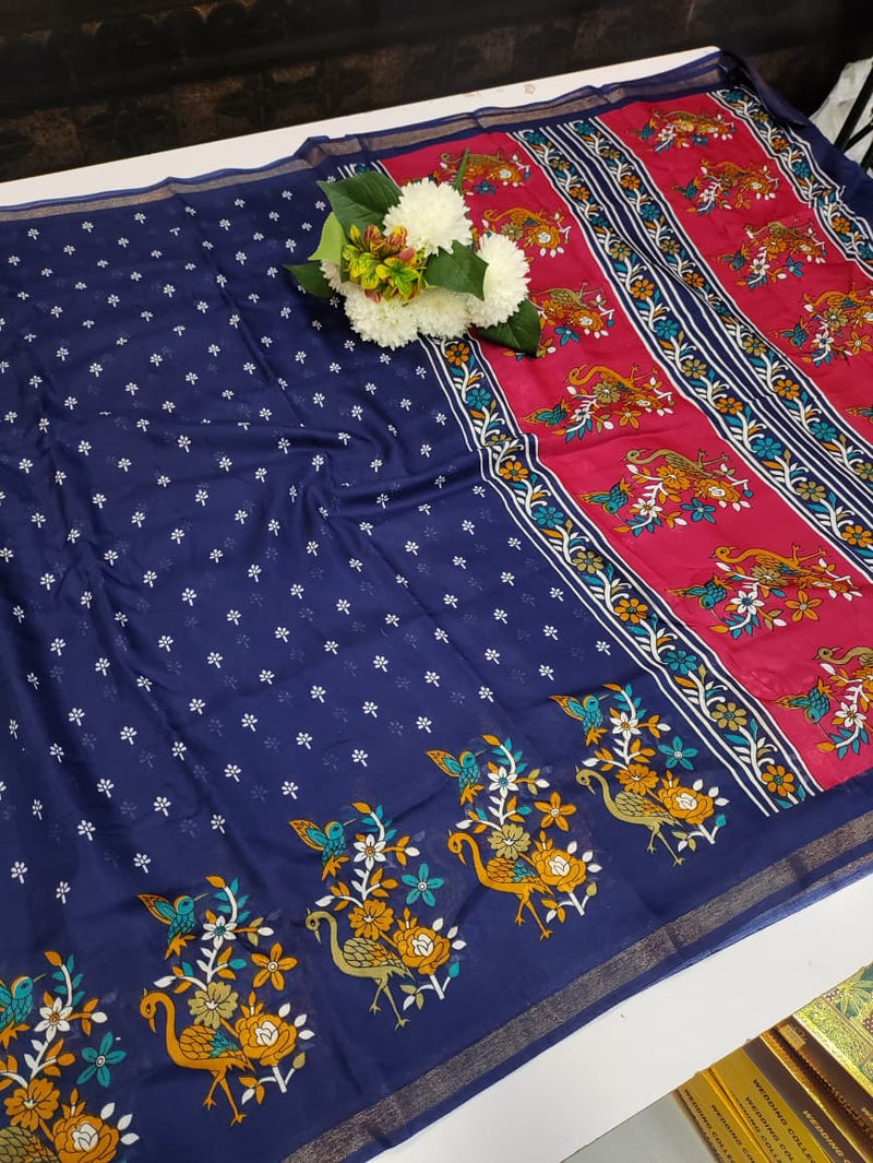 Premium Mal Cotton Saree for women with elegant printed work and running blouse