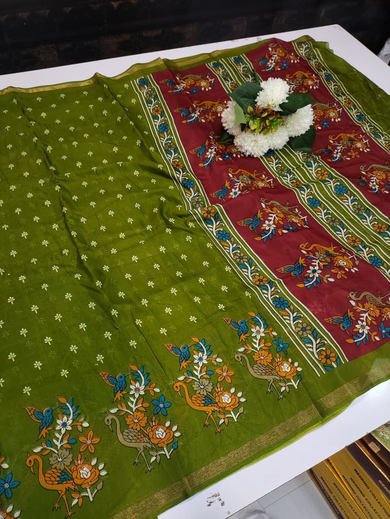 Soft Mal Cotton fabric saree with small zari border for office and casual wear