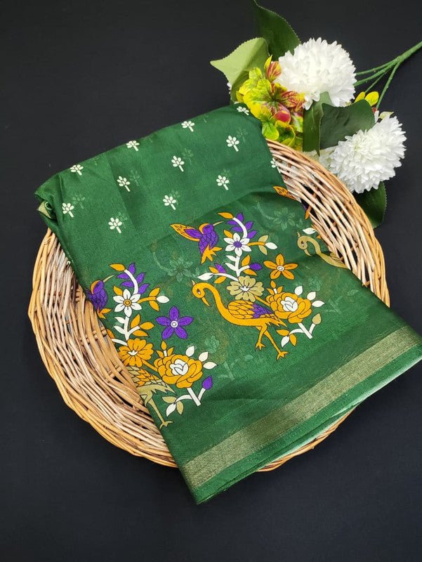 Lightweight Mal Cotton Saree featuring printed design and zari border for women