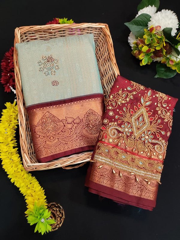 Meenakshi Thirukalyanam Silk Saree with Zari and Stone Work for Wedding Wear