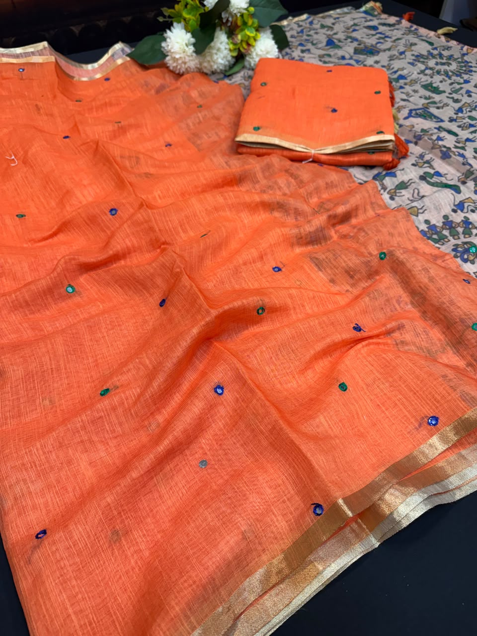 Mina Linen Printed Saree with Mirror Work for Festival Wear