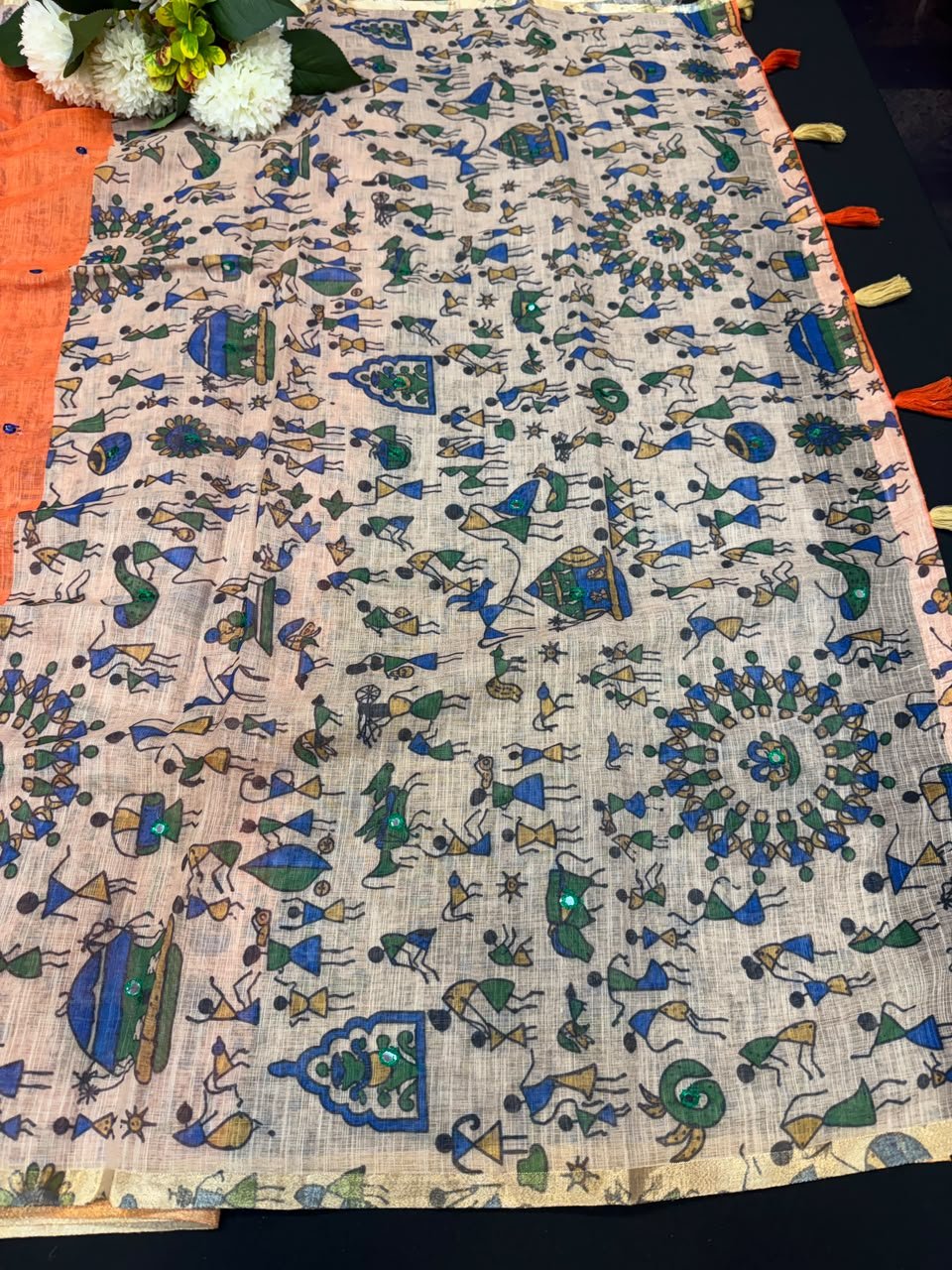 Mina Linen Printed Saree with Mirror Work for Festival Wear