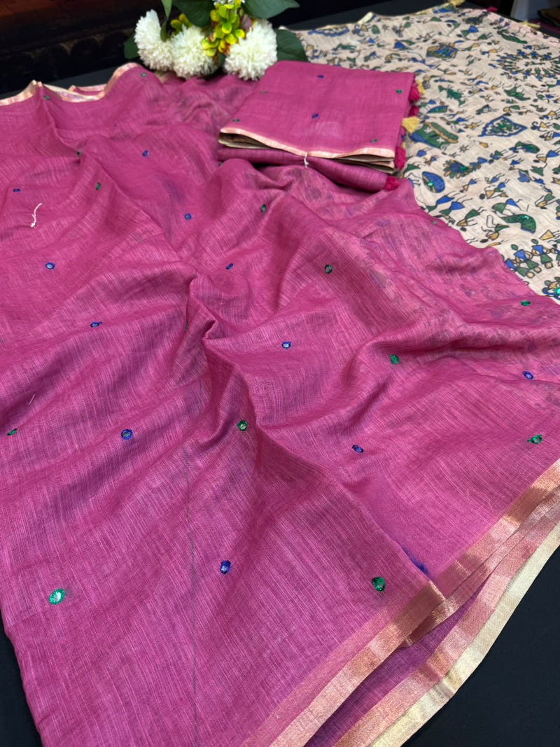 Mina Linen Printed Saree with Mirror Work for Festival Wear