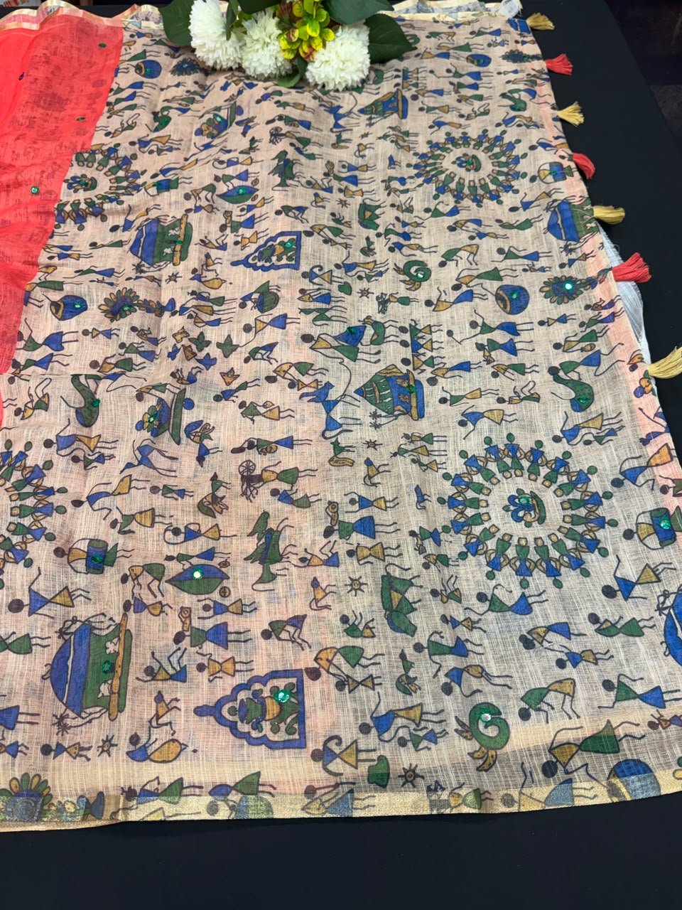 Mina Linen Printed Saree with Mirror Work for Festival Wear