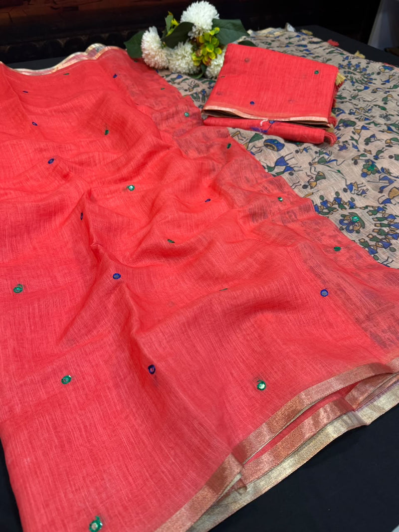 Mina Linen Printed Saree with Mirror Work for Festival Wear