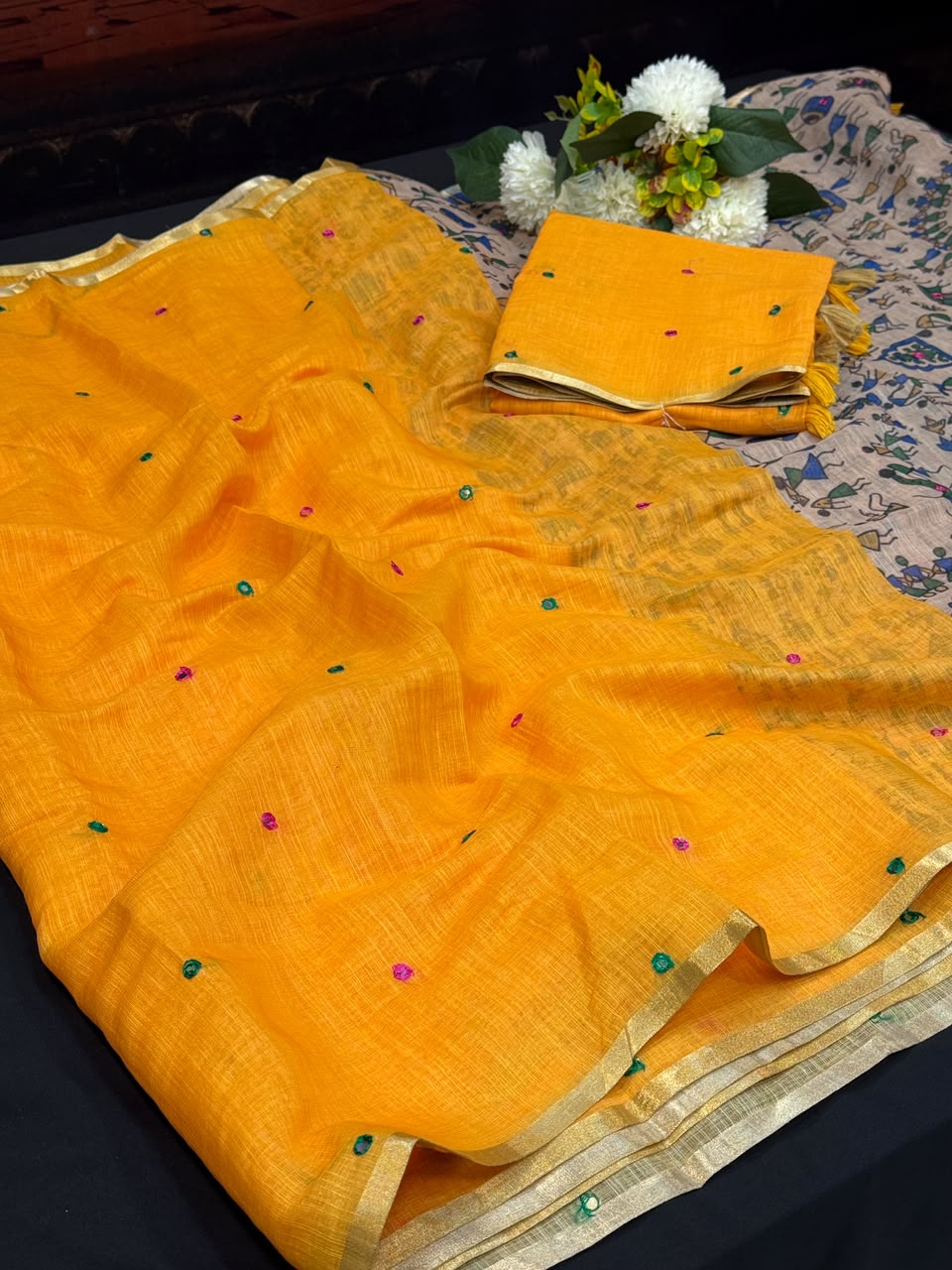 Mina Linen Printed Saree with Mirror Work for Festival Wear