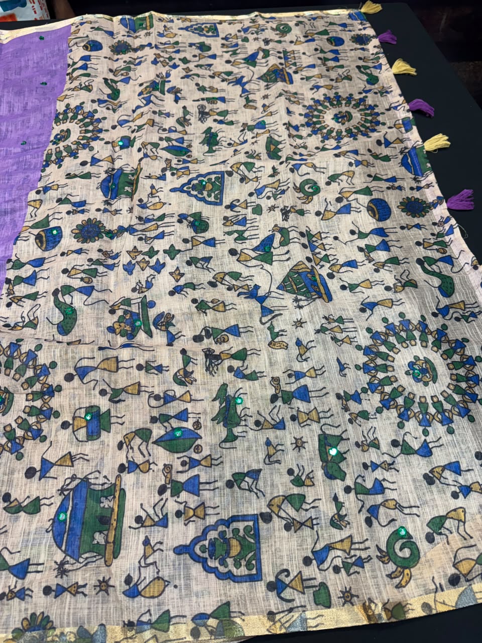 Mina Linen Printed Saree with Mirror Work for Festival Wear