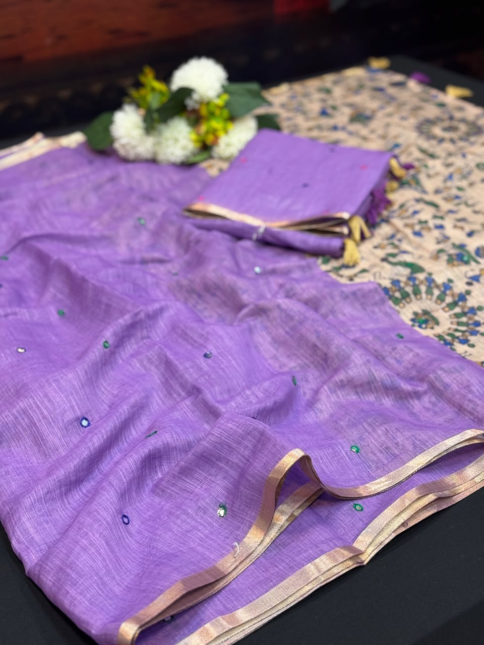 Mina Linen Printed Saree with Mirror Work for Festival Wear