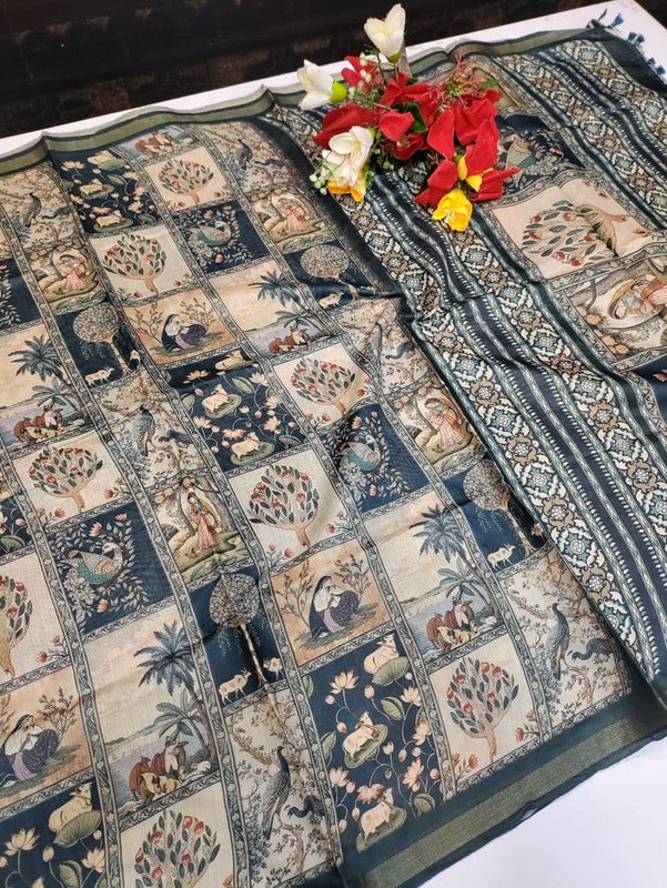 Paper Fancy Saree in Blue with Zari Print for Wedding Wear