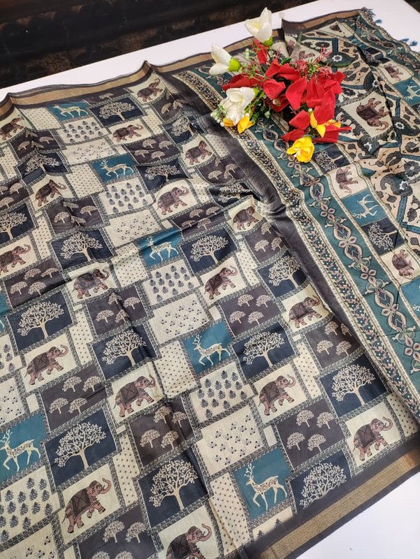 Paper Fancy Saree in Blue with Zari Print for Wedding Wear