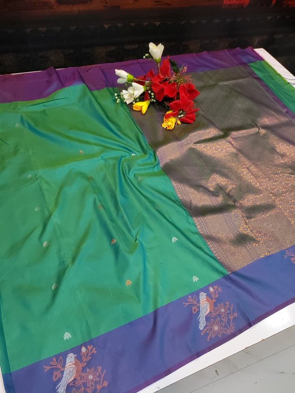 Poovizhi Soft Silk Saree with zari bird design for festival wear