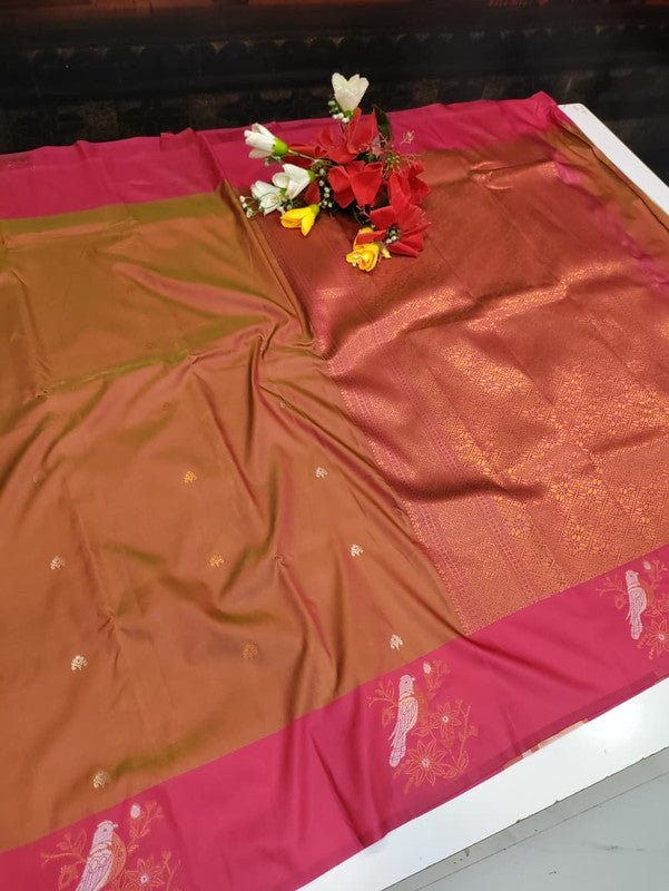 Poovizhi Soft Silk Saree with zari bird design for festival wear