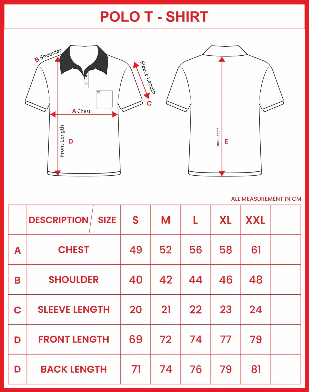 Comfortable Premium Cotton Polo T-Shirt for everyday casual fashion. Size Chart
